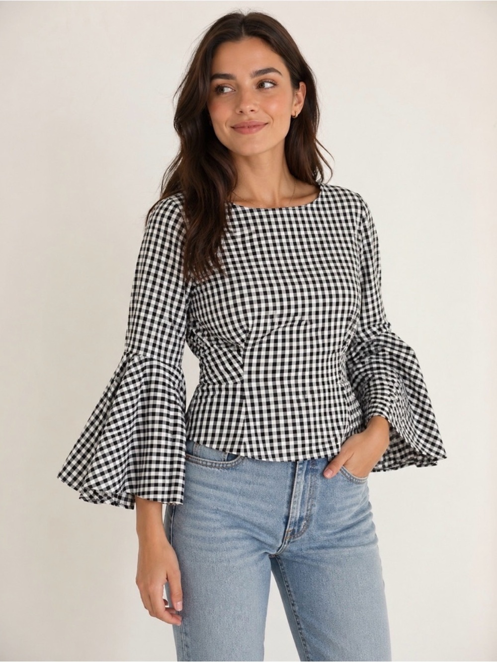 Nanette Lepore Black and White Gingham Bell Sleeve Blouse Sz S NWOT/0410